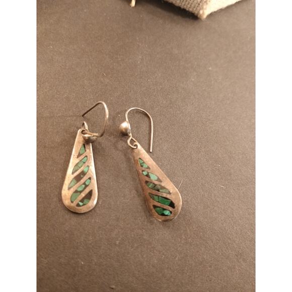 Taxco Vtg Sterling Silver Earrings Green Malachite Dangle Tear Drop Signed TU-08 - Picture 8 of 10